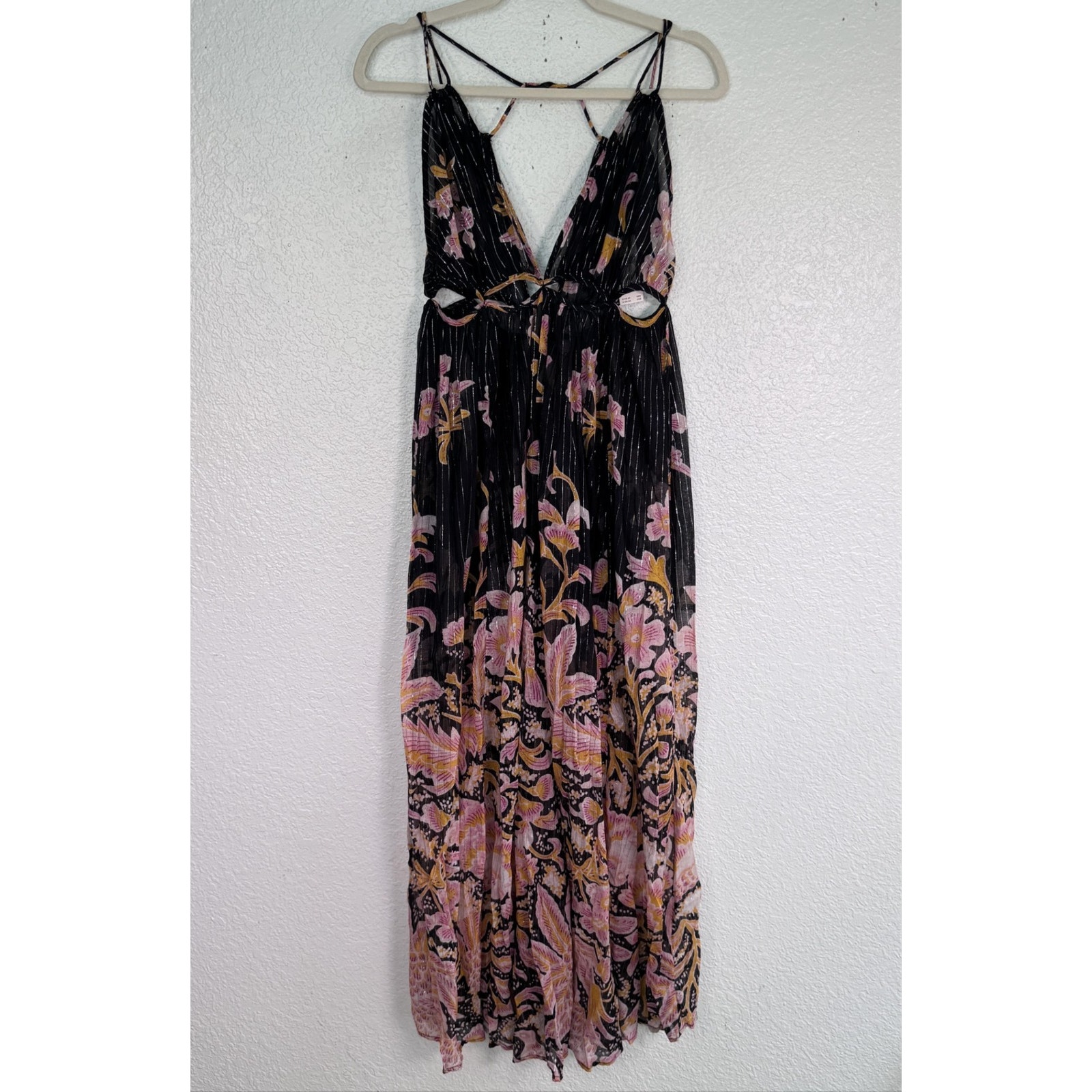 Anthropologie Dress Womens Small Floral Maxi Sundress Cutout Black Metallic New